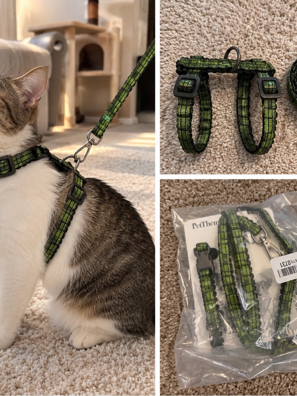 PetHarness Green Plaid Adjustable Cat Harness and Leash Set